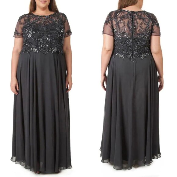 XSCAPE Women's Plus Size 20W Gray Beaded Chiffon Short Sleeve Formal Gown NWT - Picture 1 of 14